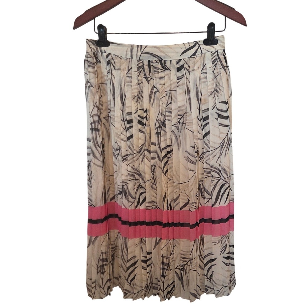 Cato Womens XS‎ Pleated Midi Skirt Tropical Palm Leaf Print Pink Stripe Preppy